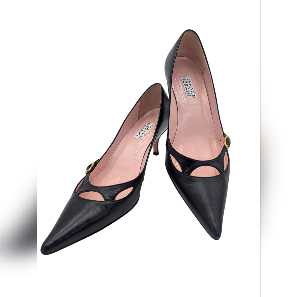 ISAACM MIZRAHI Size 7M Women Genuine Black Leather Heel Gold Buckle Pointed Toe - Picture 8 of 17
